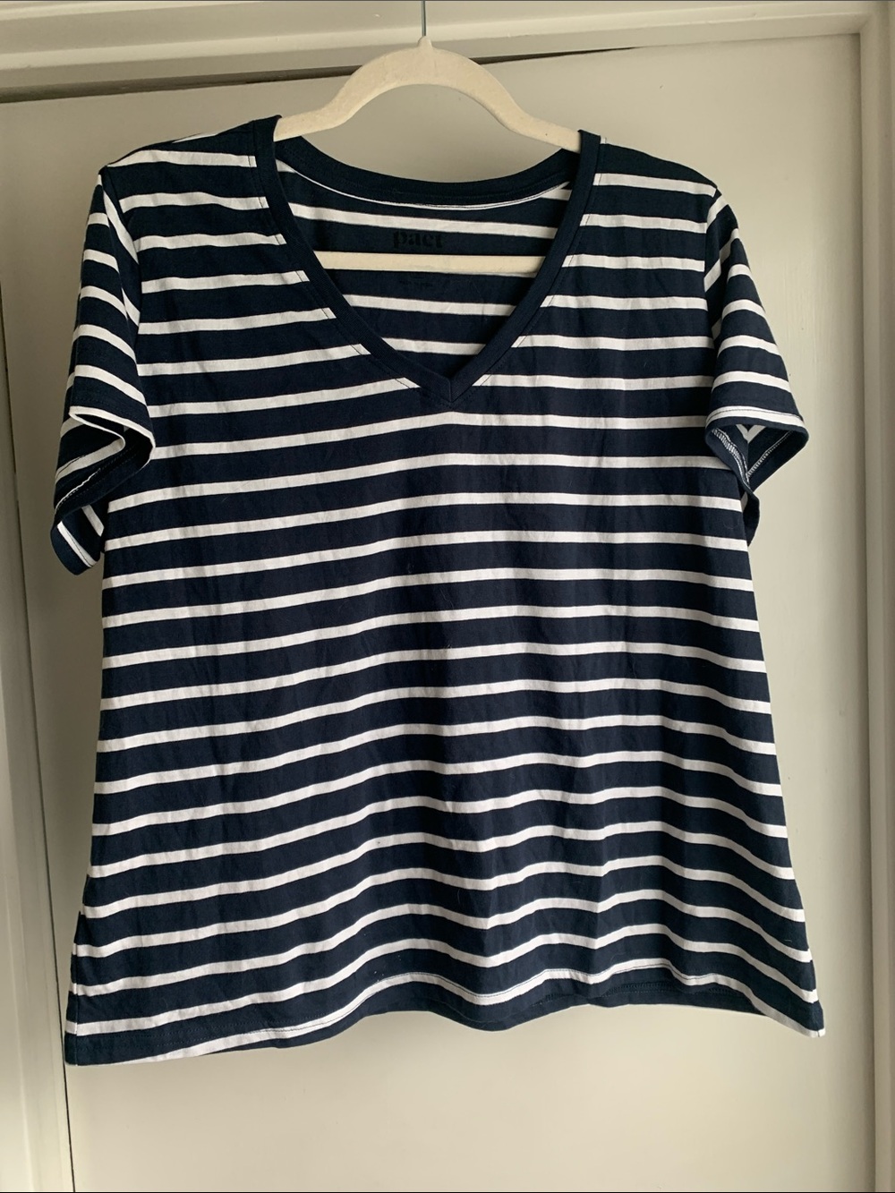 Pact Women's Organic Cotton V-Neck Blue & White Stripped Top Size L